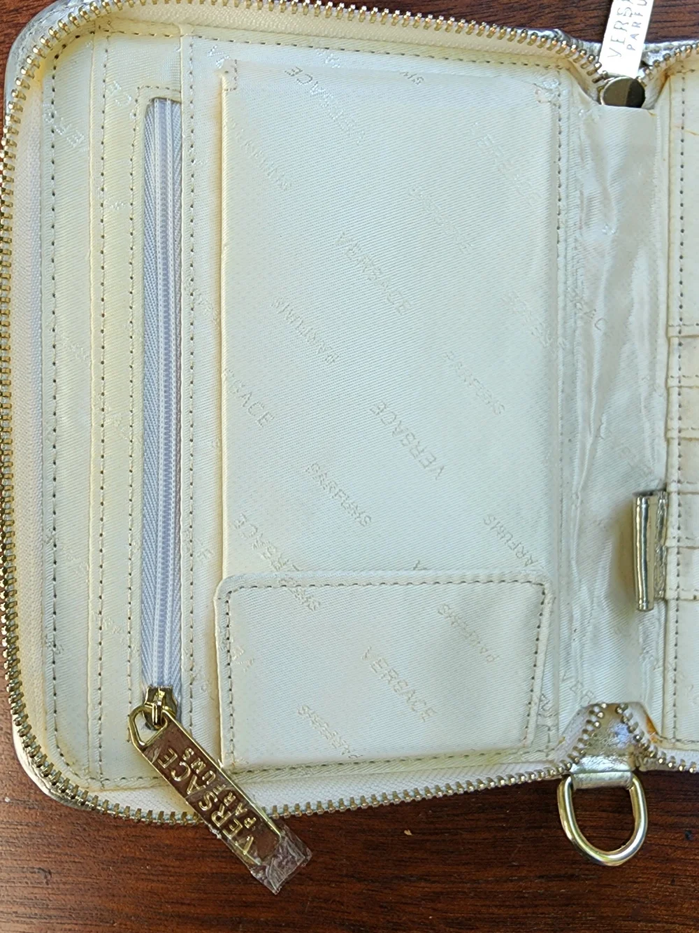 Versace Parfums Gold Metallic Zip Around Wallet Clutch Wristlet